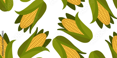 Seamless pattern with yellow corn cobs on white background. Perfect for farm design, kitchen textiles, food packaging, rustic decor and Thanksgiving projects.