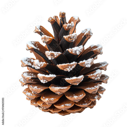 Detailed close up of a single brown pine cone with white tips