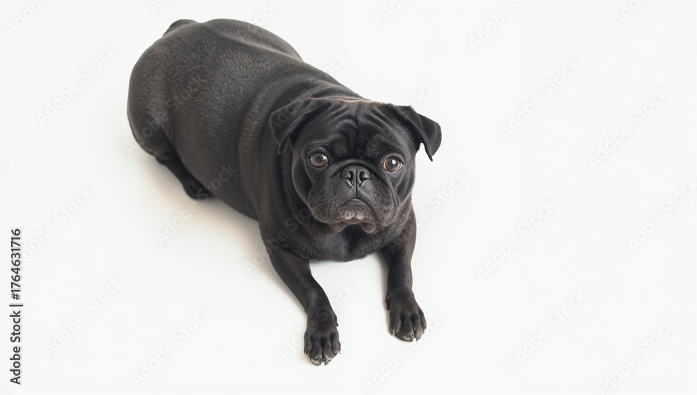 Obraz premium A black pug dog resting on a plain white surface, isolated
