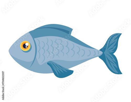Cute Blue Cartoon Fish - Simple Kids Sea Animal Character Vector Illustration