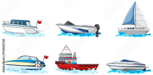 Set of Six Different Boats and Ships Cartoon Vector Illustration