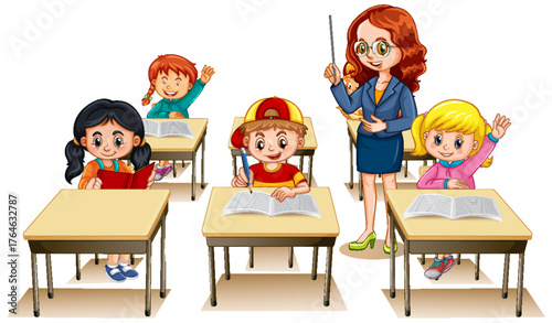 Teacher and Children Students Reading Books in Classroom Cartoon Vector Illustration