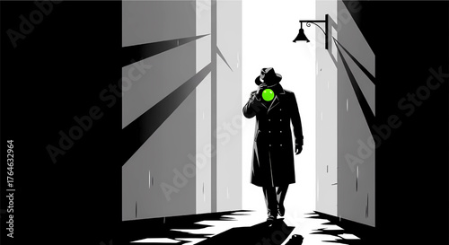 Full-body, high-contrast illustration of a man in a trench coat and fedora walking from light into shadow under a street lamp, with a small green bubble in his mouth.