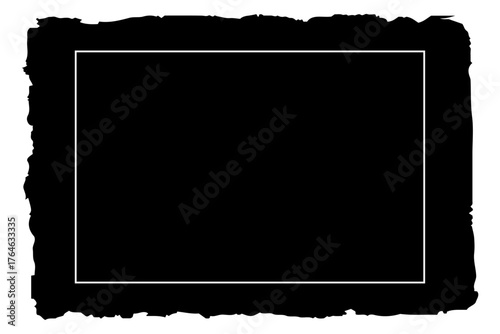 Torn paper frames with jagged edges black ripped. Dirty artistic design element, box, frame or background for text. Vintage blank instant photo frame with aged textured paper and worn white edges.