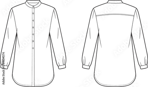 Women button down long sleeve shirt with stand collar and curved hem technical fashion flat sketch, cad drawing flat vector illustration