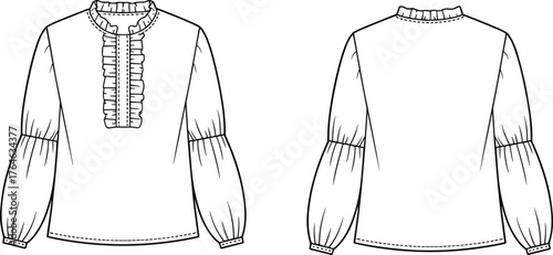 Women long sleeve ruffle blouse with gathered puff sleeves and button cuff fashion flat sketch, cad drawing