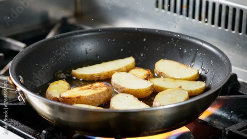 Sizzling Golden Potato Slices Frying in Oil on Gas Stove