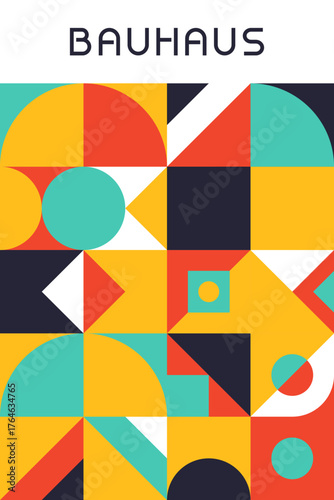 Vector of Abstract Geometric Bauhaus Poster with Overlapping Multicolor Shapes
