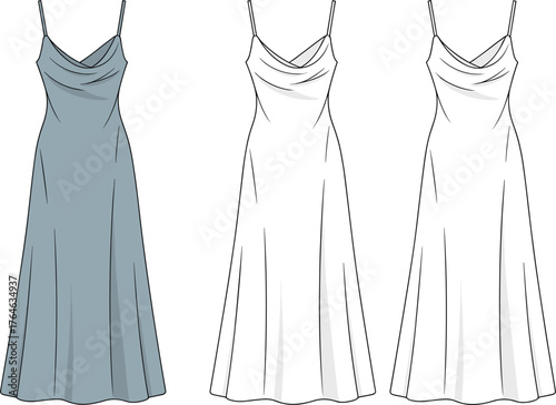 Elegant women long slip dress with draped neckline and spaghetti straps front view fashion design