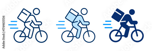 Delivery rider icons — outline and solid styles. Representing bicycle courier and fast food delivery.