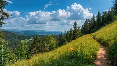 Fototapeta Naklejka Na Ścianę i Meble -  Scenic mountain trek through lush greenery under a clear blue sky