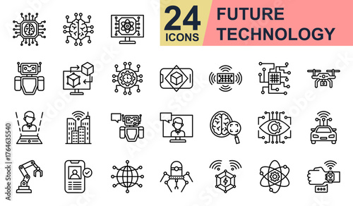 Future Technology Icons set vector illustration. Containing Neural Network, Robot, Digital Twin, Tech Future, Augmented Reality and more. Simple line icons collection.