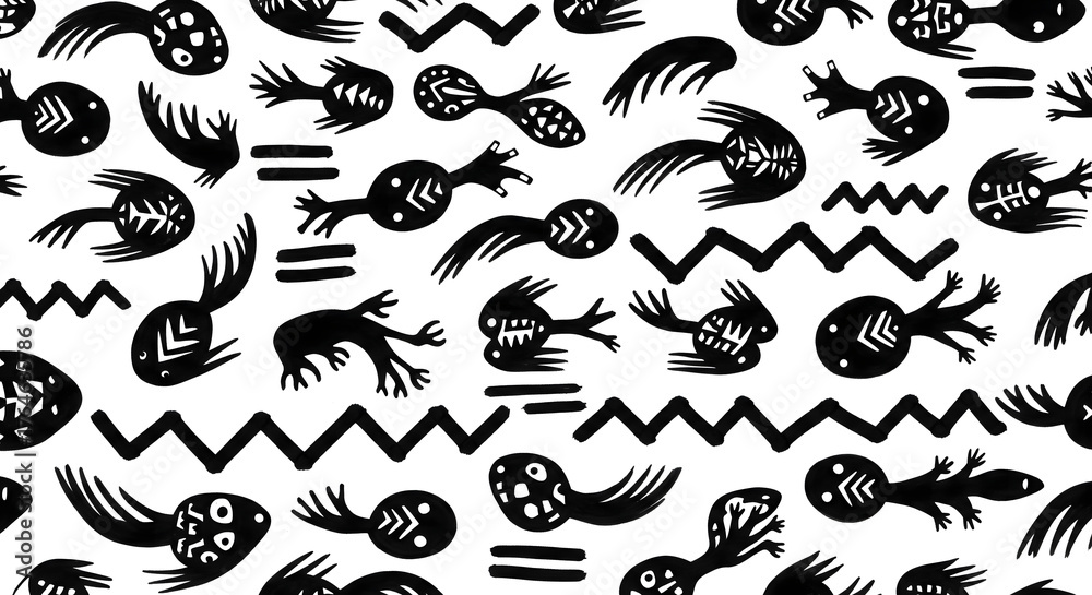 Obraz premium Whimsical Black and White Creature Pattern , Quirky Creature Silhouettes on White Background