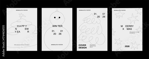 Merry Christmas cards set. Festive Xmas posters, winter holiday greeting postcard designs. Vertical templates with typography, snowman, fir tree, stars. 