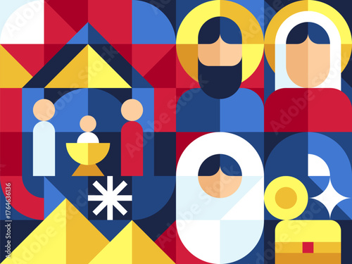 Seamless pattern of NATIVITY SCENCE and holy family in bauhaus geometric style arrange as grid
