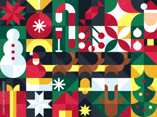 Seamless pattern of Merry Christmas winter theme in bauhaus geometric style arrange as grid