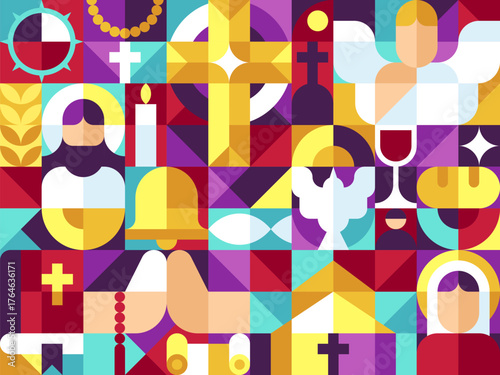 Seamless pattern of Easter theme in bauhaus geometric style arrange as grid