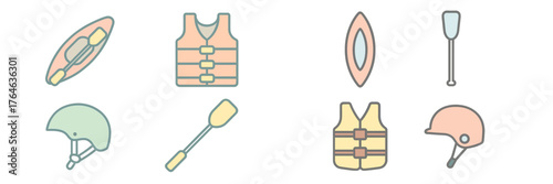 Equipment for kayaking and water sports with life jackets, paddles, and helmets in pastel colors