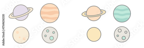 Colorful planets and moons arranged in a simple pattern for educational purposes in a playful style