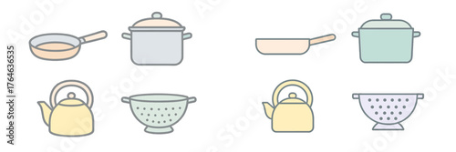 Variety of kitchen utensils designed in simple style on a clean background featuring pots, pans, and more