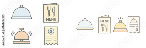 Different styles of food service icons featuring menus and bell for ordering at a restaurant
