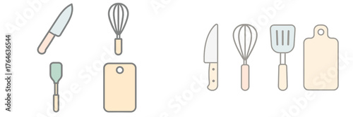 Kitchen utensils including knives, whisks, spatulas, and cutting boards organized on a simple background