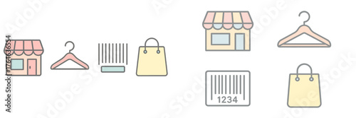 Visual representation of retail elements including storefronts, bags, and hangers in a minimalistic style