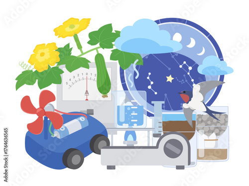 日本の理科の小学校4年生の内容を集めてイメージしたイラスト素材