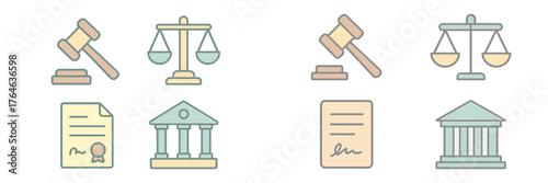 Legal symbols including gavel, scales, and court documents in a simple design during daytime
