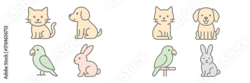 Cute cartoon animals including cats, dogs, birds, and rabbits in playful poses for children's design