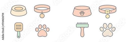Collection of pet accessories including bowls, collars, and grooming tools for animal care and comfort