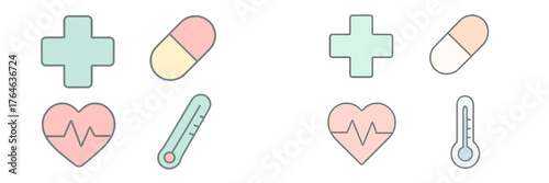 Colorful medical icons featuring pills, a heart, and a thermometer arranged in a pattern on a white background