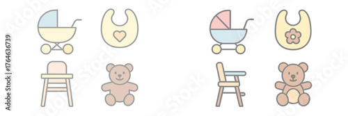 Colorful baby icons featuring strollers, bibs, toys, and high chairs in a playful design for nursery decor