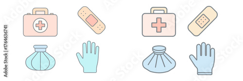 First aid supplies and medical items arranged on a light background for emergency situations