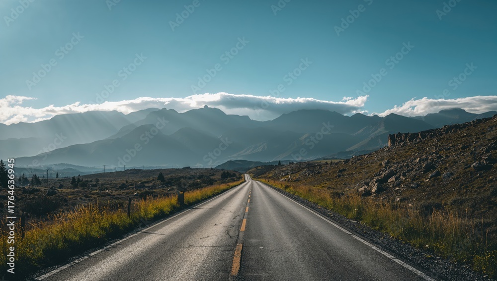 Naklejka premium Empty asphalt highway from the side with cloudy hills under a bright sunny sky.