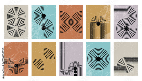 Abstract vintage wall art painting with Bauhaus striped shapes. Retro minimalist geometric backgrounds or posters with striped lines. Textured mid century scandinavian nordic style.