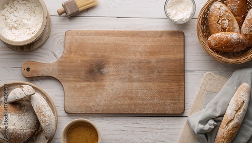 Overhead shot of bread ingredients and a chopping board on a wooden table