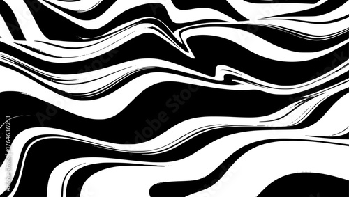 Swirling black and white pattern creates optical illusion with dynamic, wavy lines, forming a hypnotic and abstract, high-contrast visual experience
