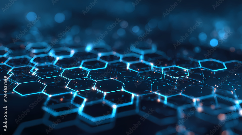 Obraz premium Futuristic hexagonal pattern with bright blue lines and dots, creating a digital and technological backdrop