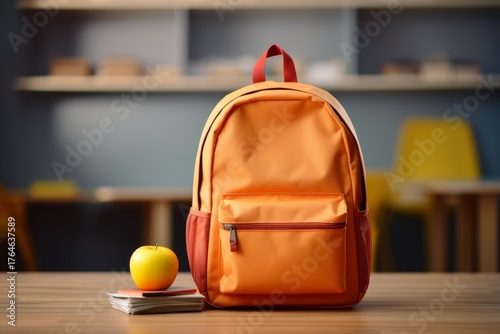 Orange backpack with books and apple on a desk in a classroom, ready for the school day