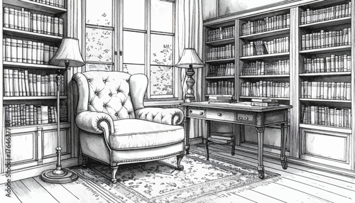 Classic Reading Room Sketch with Armchair and Bookshelves