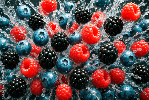 Vibrant berries – blueberries, raspberries, and blackberries – in a refreshing splash of water. Dynamic, colourful food shot