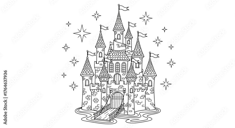 Fototapeta premium Fairy Tale Castle Line Art with Stars on White Background
