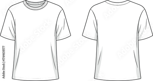 Basic t shirt flat fashion cad technical drawing front and back view for clothing design template, cad drawing flat vector illustration