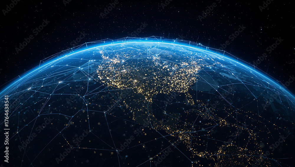 Obraz premium A mesmerizing view of earth from space, showcasing the intricate network of interconnected cities and the vastness of our planets atmosphere