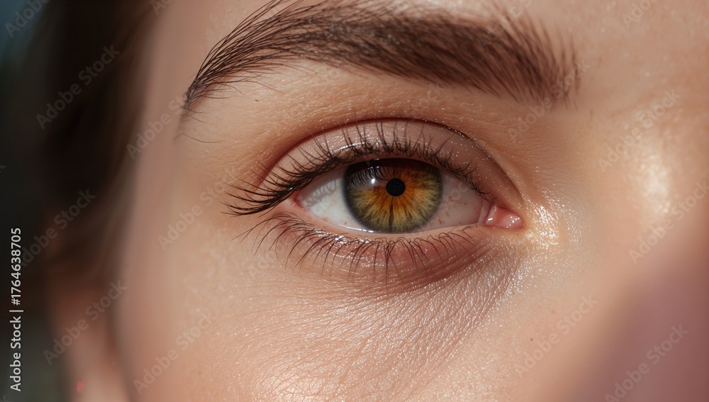Fototapeta premium Close-up of a young woman's eye featuring brown and green iris colors, captured outdoors in natural sunlight.