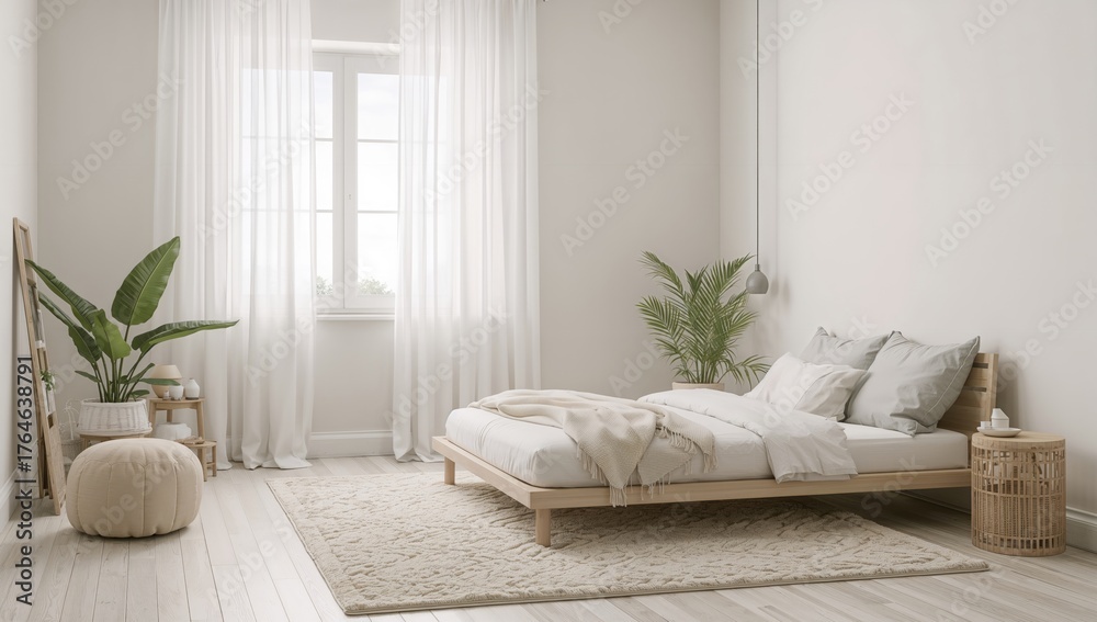 Naklejka premium Minimalist modern bedroom with Scandinavian design elements
