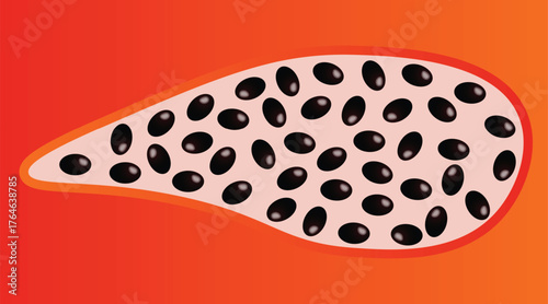 Tropical papaya fruit half cut with visible black seeds and orange background
