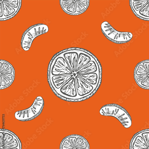 Mandarine seamless pattern. Sliced of tangerine in graphic style clip art with white orange background. For your design, Packaging dried fruit, Christmas, New Year textile, wrapping paper. Vector.