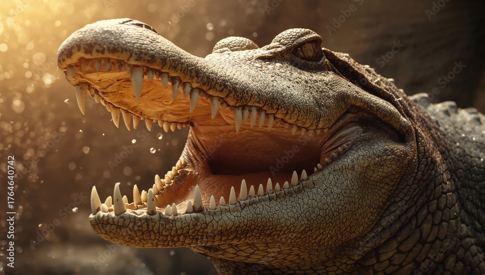 Obraz premium The wide-open jaws of a massive ravenous reptile